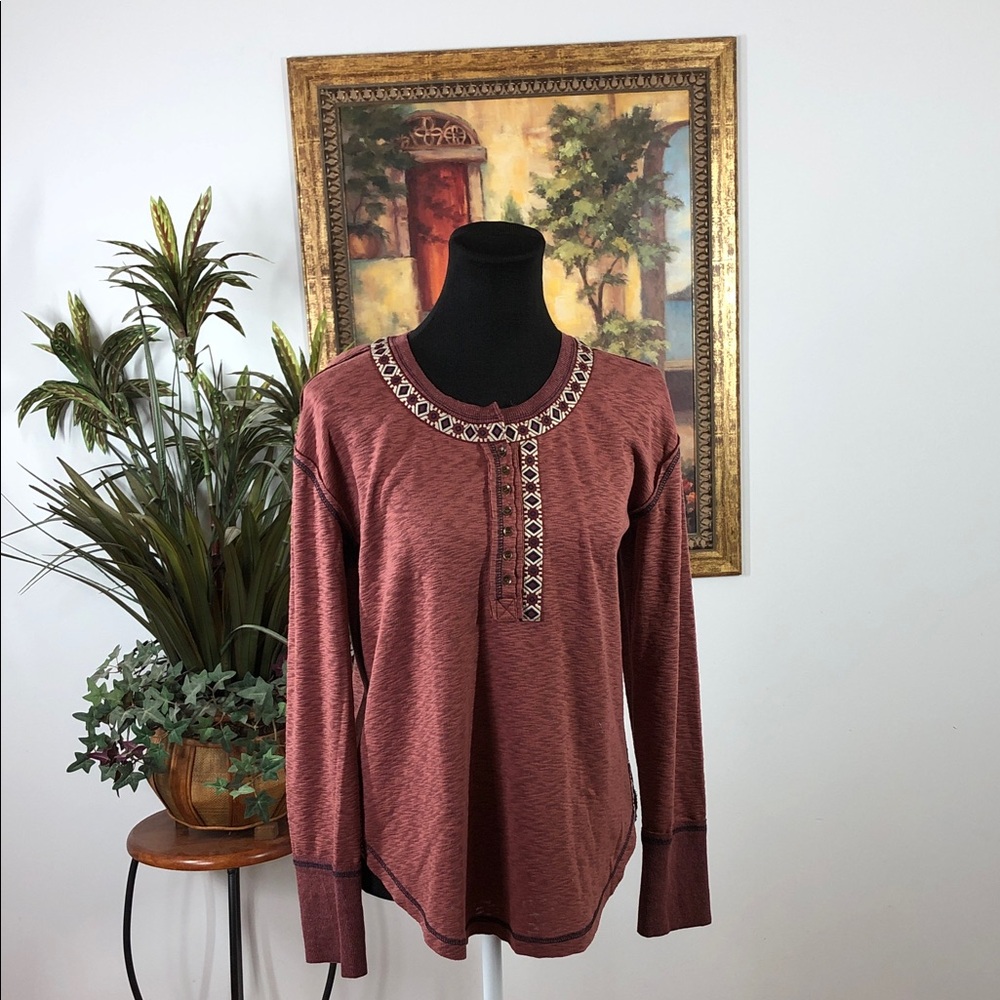 Mystree Maroon Geometric Trim Top long sleeve pullover minimalist Boho Y2K